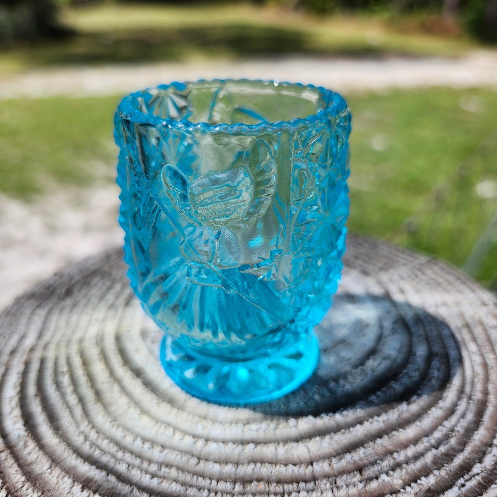 VTG Jeannette Glass Toothpick Holder Blue Daisy and Button Girl With Flag